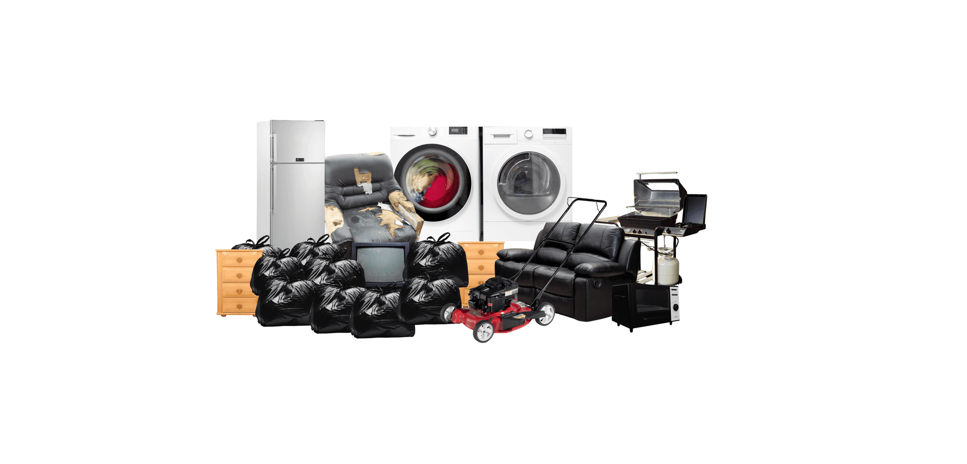 Collection of household items including appliances, furniture, and trash bags arranged together on a white backdrop.