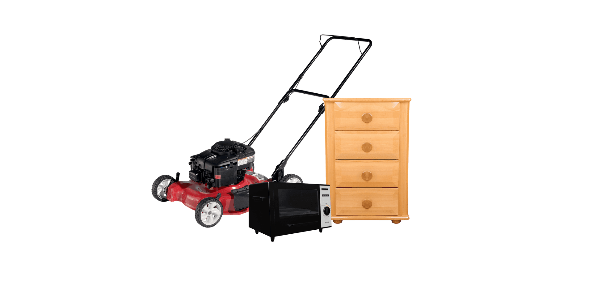 Lawnmower, wooden dresser, and microwave oven on a white background.