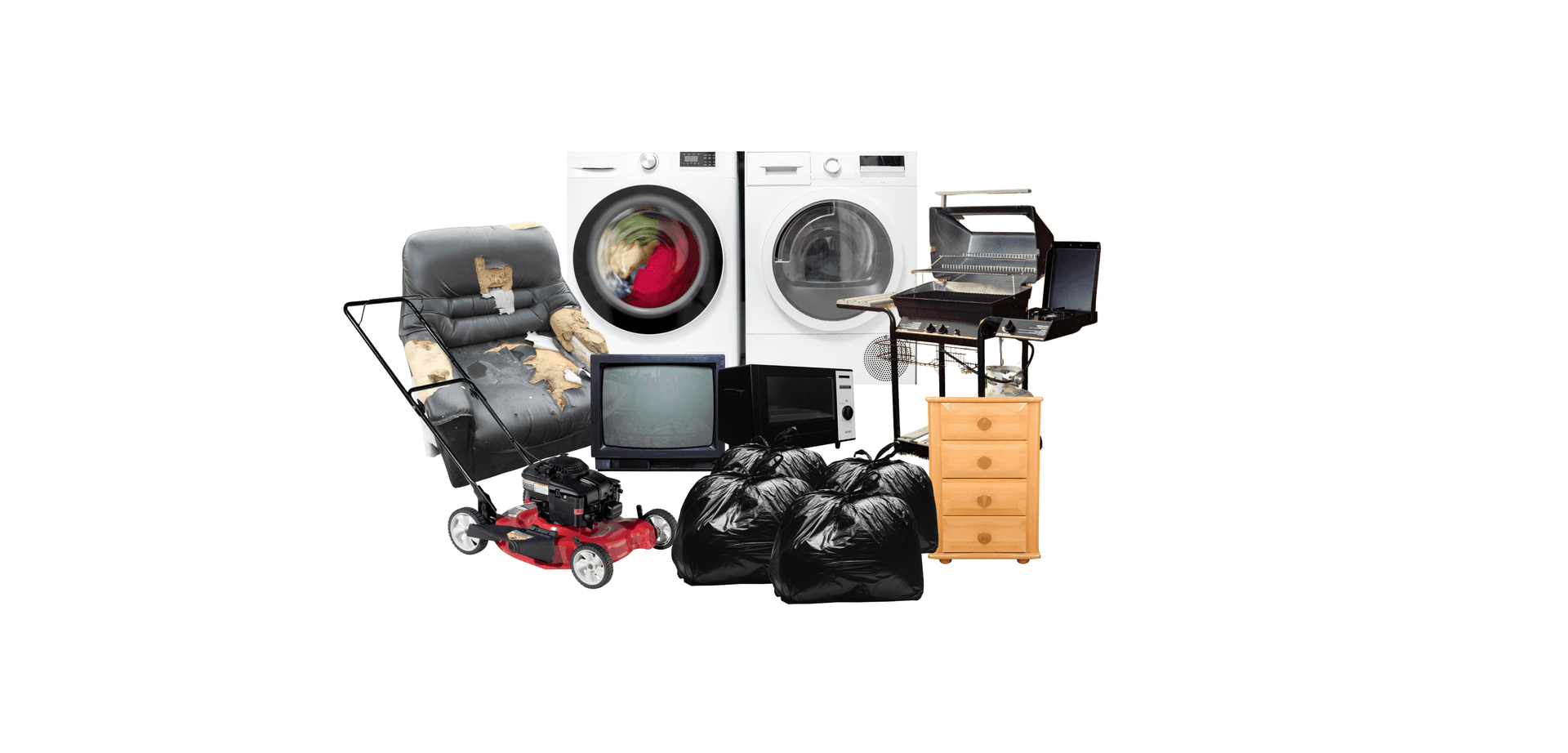Assorted household items including washer, dryer, lawn mower, TV, bags, and furniture.